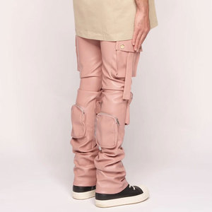 Pantalon cargo rose en PU pour homme, coupe ample, style workwear, avec poches plaquées, couleur unie, tissu tissé - Product Image 5