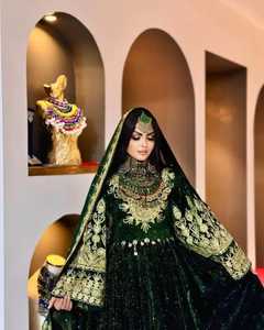 ชุดเดรสยาวสไตล์อัฟกานิสถานสีเขียวสุดหรู แขนยาว ไซส์และสีตามสั่ง ผ้าลูกไม้ระบายอากาศ งานแฮนด์เมด ไซส์พลัส จับจีบ - Product Image 3