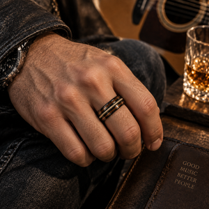 JLM Premium Schwarzer Stahlring mit Whiskey-Holz & Gold Gitarrensaiten-Einlage Rustikaler Ring Herren Ehering Jubiläums-Schmuckgeschenk - Product Image 3