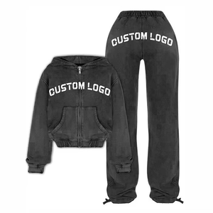 Ensemble de survêtement en molleton deux pièces pour femme, décontracté et sportif, avec haut court à capuche effet délavé et pantalon, 100% coton, séchage rapide et respirant - Product Image 1