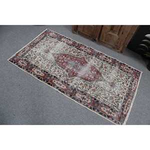 Turkish Vintage Small Rug 2.8x5.2 ft, <b>Red</b> Blue Floral <b>Wool</b> Rug - Product Image 4