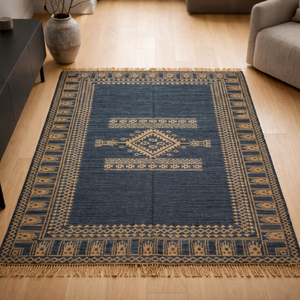 Tapis Kilim Dhurrie bleu marine moderne, fait main, écologique, en laine/soie, avec support en jute antidérapant, tissage plat géométrique tribal pour la maison - Product Image 3