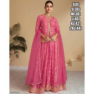 ชุดชาราราปักลายแบบปัญจาบ พร้อมผ้าคลุมไหล่แบบดูปัตตา แต่งพู่ คอทรงกลม แขนสามส่วน ชุดอนาร์กาลีแบบยาว สไตล์ชาติพันธุ์ สำหรับงานแต่งงาน - Product Image 2