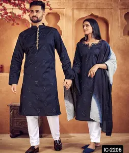 Trendy Festival Wear Ready Made Heavy Jacquard Silk with Sequence Fusing Inner Men and Women Couple Kurtis Set for Festival Wear