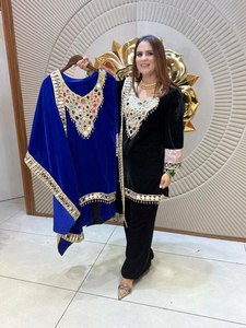 Achetez maintenant le meilleur tissu en fausse fourrure à broder soi-même, magnifique design de col, ensemble Kurti et pantalon fantaisie pour les fêtes, vêtements pour femmes et filles - Product Image 3