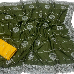 Routine quotidienne personnalisé imprimé fantaisie coupe bordure travail pur Chinon soie tissu longue longueur pré drapé Saree avec chemisier pièce - Product Image 2