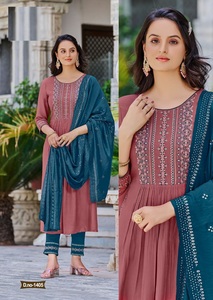 Kurta/Kurti indien et pakistanais pour femme en rayonne slub 16KG Dobby avec broderie Khatli lourde multicolore et Dupptta - Product Image 5