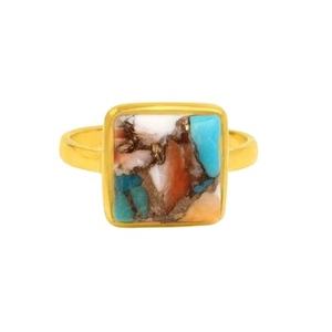 Best Selling 12mm Square Mohave Spiny Oyster Copper Turquoise 18K Gold Plated Fine Sterling <b>Silver</b> Dainty <b>Boho</b> <b>Ring</b> Gift - Product Image 1