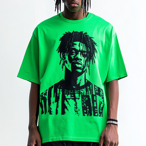T-shirt graphique vert pour hommes avec portrait Hip Hop noir audacieux T-shirt Streetwear surdimensionné pour hommes de style mode urbaine T-shirts - Product Image 2