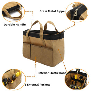 Oem/ODM công suất lớn tùy chỉnh sáp vải công cụ Tote 13 "kaki rộng miệng tổ chức với dây kéo bằng đồng & 10 túi - Product Image 3