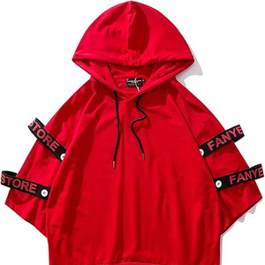 เสื้อฮิปฮอปแขนยาวครึ่งแขนมีฮู้ดสำหรับผู้ชายเสื้อฮิปฮอปแบบสวมหัวมีเชือกผูก - Product Image 2