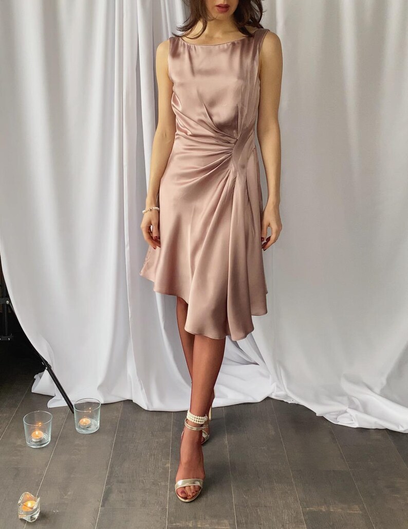 ladies dresses karen millen Y2K Pink Solid Natural Eco-Friendly Maxi A-Line Cocktail Dress 2000s Romantic Asymmetric Hem Dusty Rose Party 100% gown with full flair