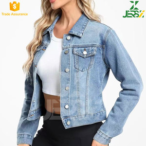 Long Sleeve Women's Basic Button <b>Denim</b> Crop <b>Jacket</b> 100% Cotton Breathable <b>Lightweight</b> Winter Woven Blue Outerwear Chest Pockets - Product Image 2