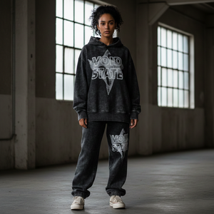 Conjunto Deportivo Corto de Algodón 100% Teñido en Prenda, Ecológico, Estilo Vintage, Lavado Ácido, Sudadera con Capucha Extra Grande y Pantalones Jogger para Mujer - Product Image 1