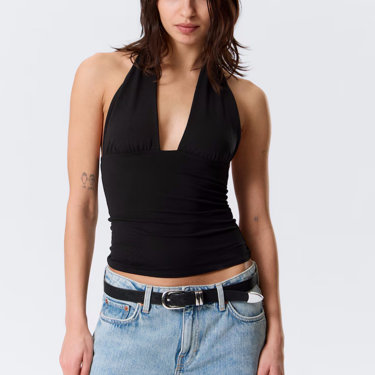 Bulk Custom Blank Women Lyocell Halter Top Eco Friendly Sleeveless Summer Basic Shirts Plunge Neck Topstitched Hem Vendor