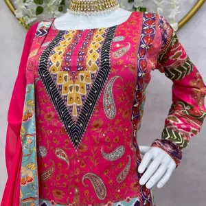 FULPARI 여성 kurta 세트 새로운 패션 무거운 새틴 실크 멋진 자수 작업 멋진 면 GPO 레이스 테두리