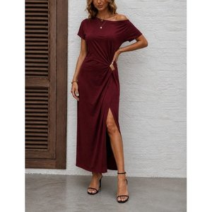 Robe longue décontractée Jane's pour femme, à manches courtes, asymétrique, taille élastique, couleur bordeaux, idéale pour l'été et les vacances à la plage - Product Image 1