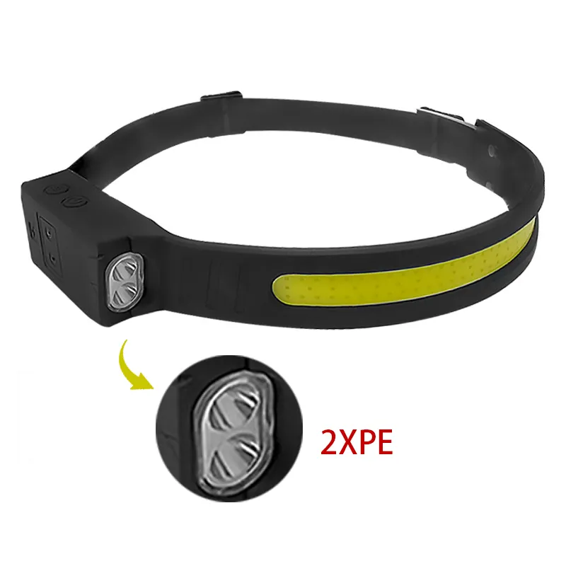 2 XPE Lampe latérale COB LED Induction Silicone USB Charging Headlight Torch Work Light Bar Head Band High Power Mining Headlamp