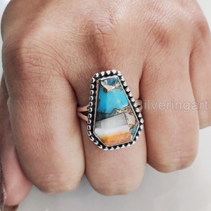 Bague pour femme en argent sterling 925, faite à la main, avec pierre précieuse naturelle Turquoise Cuivre Oyster Coffin, pierre de naissance de décembre, pour anniversaire - Product Image 1