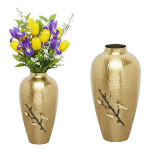 Vase à fleurs en fer martelé argenté poli de qualité supérieure avec branche de feuille de ginkgo dorée Décoration d'intérieur de luxe Vase à fleurs Accent métallique - Product Image 6