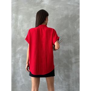 Camisa Casual de Poliéster con Bolsillo y Bordado Floral Rojo para Mujer, Marca Topshow, para Pedidos al por Mayor, Disponible en Tallas S, M, L - Product Image 5