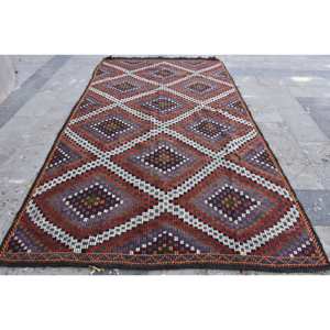 Alfombra étnica de lana roja y negra de 5,9x11 pies, alfombra turca hecha a mano, diseño de retazos a rayas para sala de estar, pasillo, látex de 10mm - Product Image 1