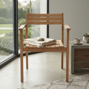 Solid Teak Wood Garden <b>Armchair</b> Horizontal Slatted Seat Natural Finish Outdoor Patio <b>Dining</b> Side Chair Setup Art Decor - Product Image 5