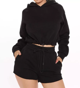 Trajes de sudor de lana de alta calidad personalizados para mujer Sudadera con capucha transpirable y pantalones cortos Conjunto de ropa deportiva para mujer Conjunto de Sudadera con capucha de 2 piezas - Product Image 4