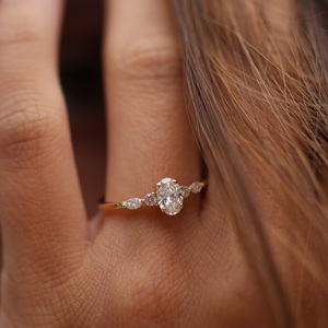 8x6mm Oval Cut Moissanite Engagement Ring with Vertical Accent <b>Stones</b> | Unique Dainty Bridal Jewelry - Product Image 3