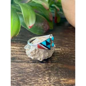 Zuni Handmade Turquoise Gemstone Multi-Stone Sterling <b>Silver</b> Inlay <b>Statement</b> Geometry Design IGI Certified Size Everyday Wear - Product Image 3