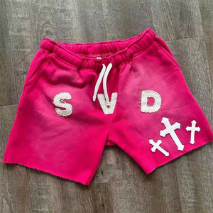 Meilleure qualité hommes Streetwear sueur court soleil délavé coton français éponge appliques détresse broderie Vintage lavage à l'acide court - Product Image 6