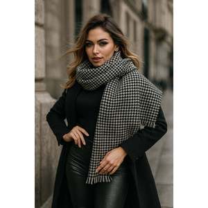Women's Black Houndstooth Pattern Scarf - Shawl 70x180 Cm Sal1220 - Black1 - Product Image 3