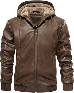Blouson en simili cuir pour homme, chaud, doublé en polaire noire, blouson de moto bomber avec capuche - Product Image 2