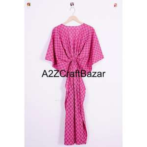 Women's Kaftan Indian Cotton Hand Block Print Floral Maxi Long <b>Beach</b> Cover Sleepwear Kimono Rabe V-neck Belt Closure Smooth Soft - Product Image 5