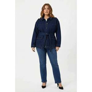 Veste en jean pour femmes grandes tailles avec détail de ceinture à nouer, bleu marine - Product Image 3