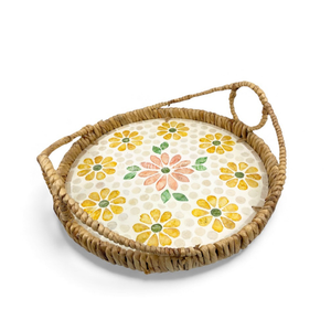 Plateau en rotin avec incrustation de nacre bohème, design flexible fait à la main, bord en jacinthe d'eau, décoration de table à domicile, service de nourriture - Product Image 4