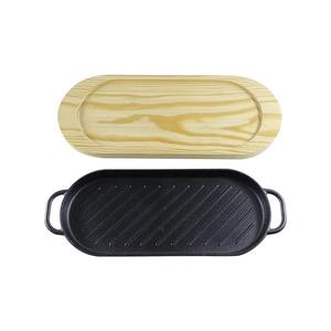 Faits à la main BASSE quantité minimale de commande livraison rapide en vente poêle à griller en fonte assiettes grésillantes avec base en bois - Product Image 1