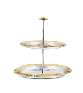 Elegant Silver 2 <b>Tier</b> Fruit Tray with Ribbed Gold Edges Modern Metal <b>Cake</b> Stand Luxury Tiered Serving Platter for Home Decor - Product Image 2