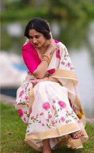 Beau lin avec impression numérique et travail Zari Saree femme fabricant de mode de Surat au taux le plus bas - Product Image 4