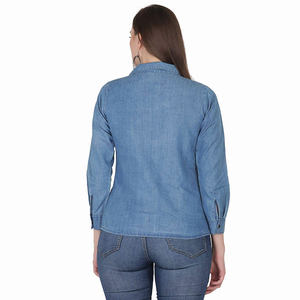 Top informal de mezclilla para mujer, camisa con botones, fiesta sólida, estampado azul, diseño adecuado de fábrica de alta calidad, Camisa vaquera para mujer - Product Image 2