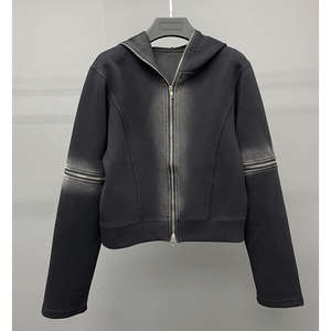 Sweat à capuche court zippé pour femme, 100 % coton, coupe ample, broderie frontale, uni, écologique, design automne/hiver, effet délavé - Product Image 5