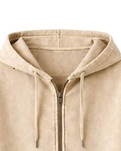 Manufacturer Beige Distressed Zip Up Hoodie With Rose Embroidery Sleeves Vintage Washed Streetwear <b>Women</b> Custom OEM <b>Jacket</b> - Product Image 4