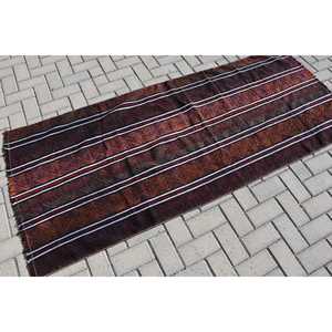 3.1x7.1 ft Turkish Vintage Rug, Accent Rug, Kilim <b>Brown</b> <b>Wool</b> Rug - Product Image 2