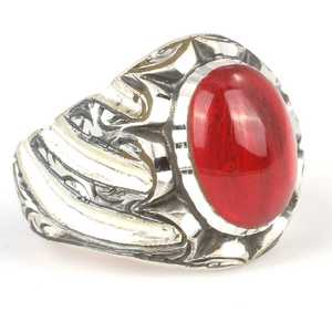 925 Sterling Silver Handcrafted Men's <b>Adjustable</b> <b>Ring</b> with Red Pressed Amber Stone and Pen Design Bezel Setting Inlay Gift - Product Image 2