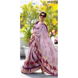 Mujer Georgette Blend Impresión digital Saree Viscosa Trabajo pesado Borde Contraste Blusa a juego Borlas Festivales indios - Product Image 2