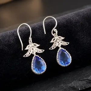 Women’s 925 <b>Sterling</b> <b>Silver</b> Bohemian Drop <b>Earrings</b> Geometric Pattern Tanzanite Bezel Set Handmade <b>Dangle</b> <b>Earrings</b> - Product Image 2