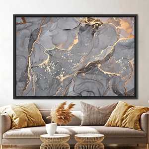 Toile d'art moderne de luxe en marbre : motif imprimé gris et or, 1 pièce : encadré noir - Product Image 1