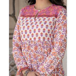 White Pink Jaal Cotton <b>Block</b> <b>Printed</b> Anarkali Dress for Girls Pakistani & Indian Style Ethnic Wear Salwar Kameez for Parties - Product Image 2