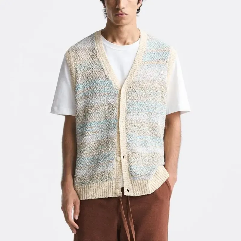 Gilet superposé de style styliste pour hommes OEM en tricot personnalisé sans manches haut à boutons Jacquard pull haut en tricot gilet pour hommes
