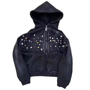 Diseñe su propio 500GSM French Terry Gem Stone Rhinestone DTG Print Hoodies Hip Hop Distressed Zip Up Men's Rhinestones Hoodies - Product Image 3